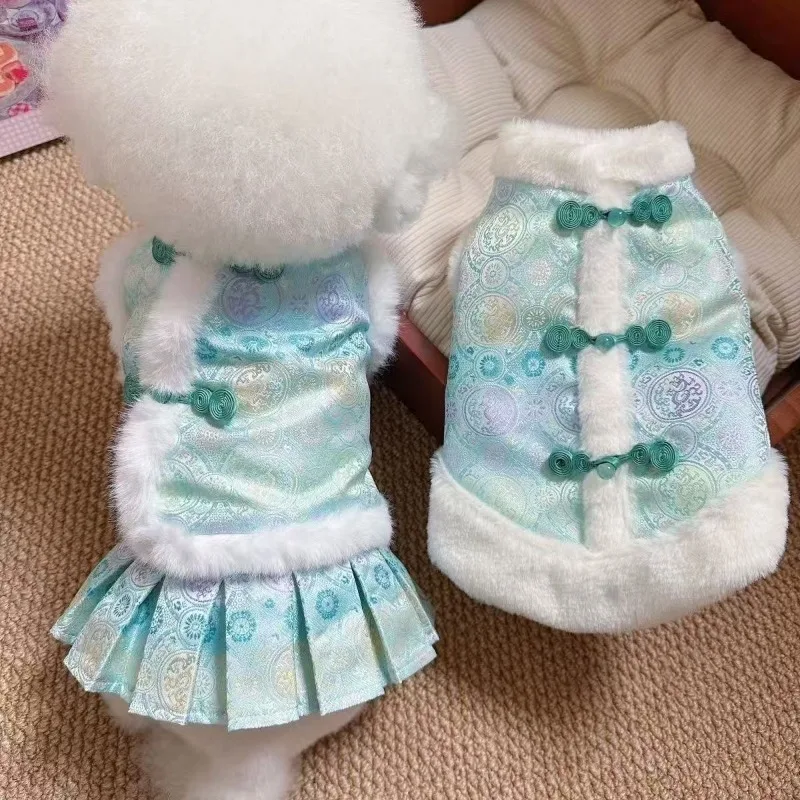 

Жилет-ошейник для собак в китайском стиле Ханьфу, осенне-зимняя одежда для собак и кошек с плюшевым воротником, новогодняя одежда для питомцев, жилет