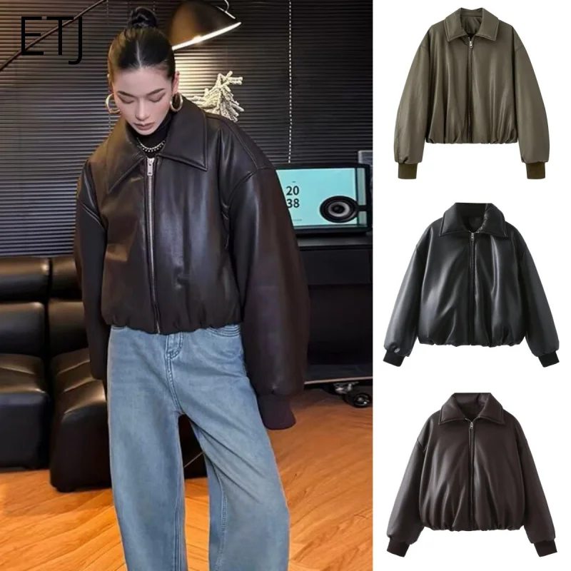 

ETJ 2025 зимние новинки, женское пальто из искусственной кожи с лацканами для пожилых людей, свободное пальто, толстая теплая куртка-бомбер