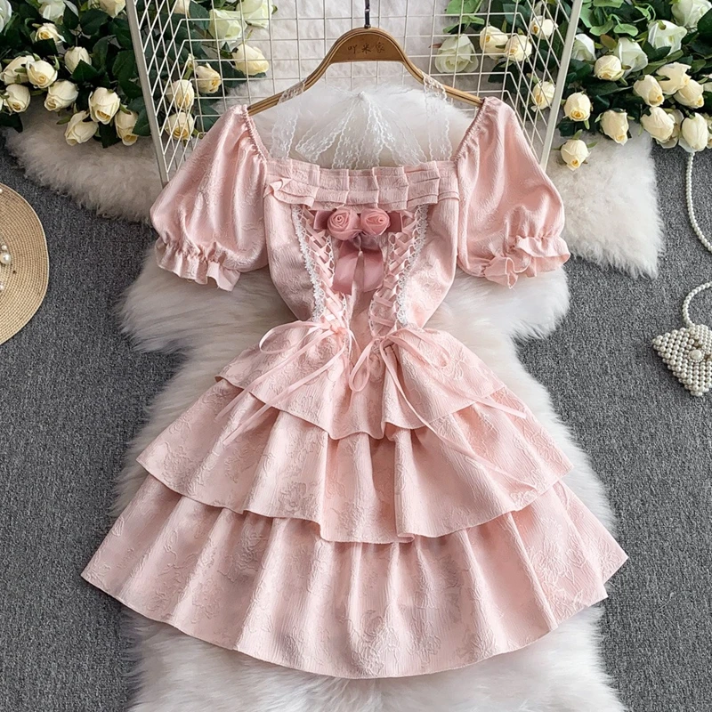 

Elegant Gentle Pink Square Neck Bubble Sleeve Dress Women's Straps Waist Cinched Princess Lolita Cake Skirt