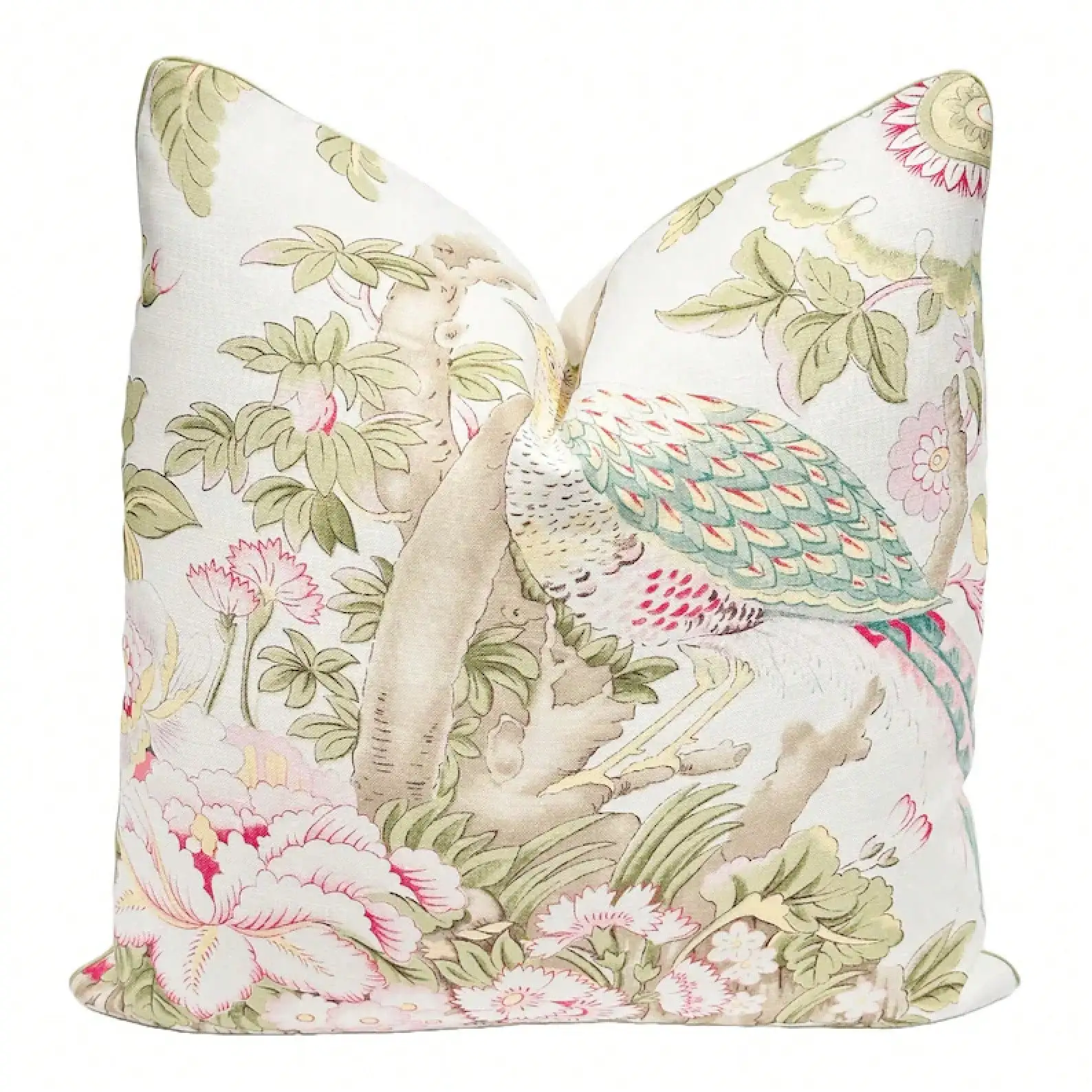 In Bright Bloom Pillow Cover - Floral & Fauna Throw Pillow Cover,Soft Pink Chinoiserie Peacock Floral Throw Pillow Cover, Botanical Decorative Cushion Cover For Couch Sofa Bed Living Room