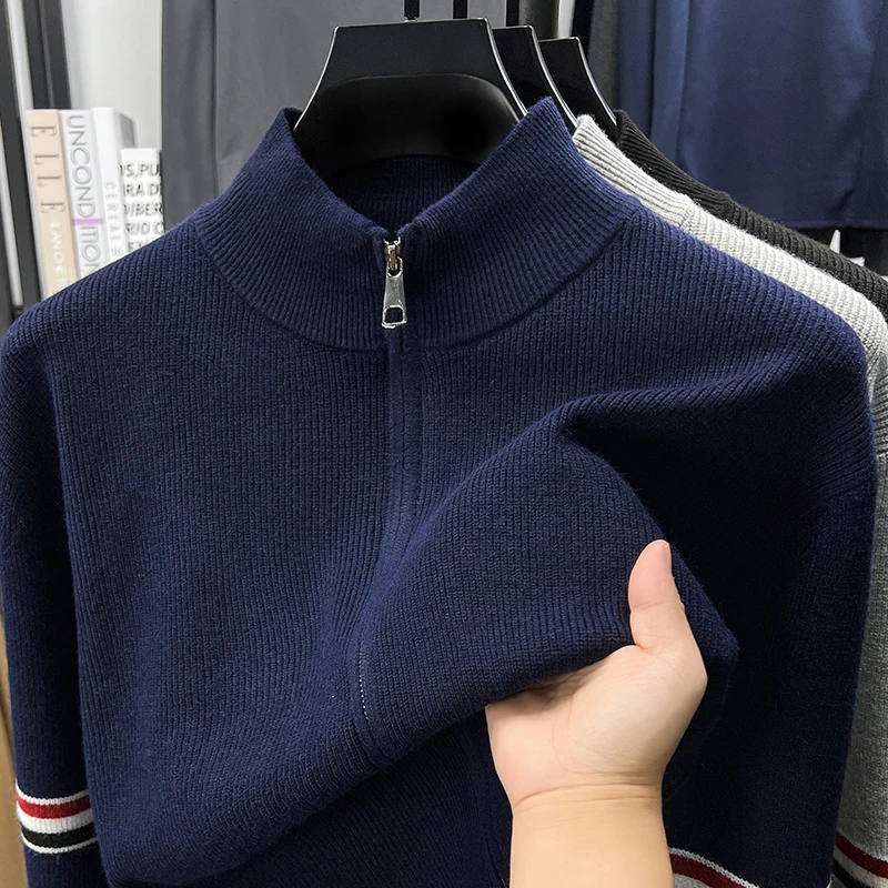 

Мужской элитный брендовый свитер на молнии, осень-зима, деловой отдых, роскошная вышивка в полоску, толстый мужской вязаный кардиган