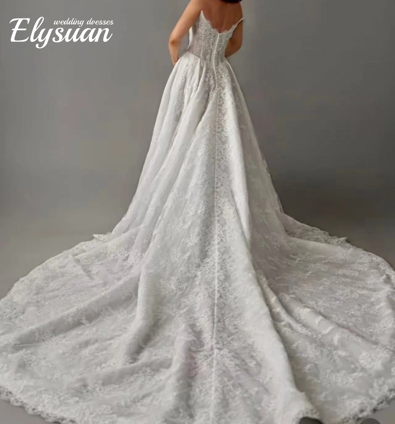 Customized   Simple WeddingDresses A Line Women Sexy Lace Applique Sweep Train Bride Gowns Backless Side Split Vestidos De Novia