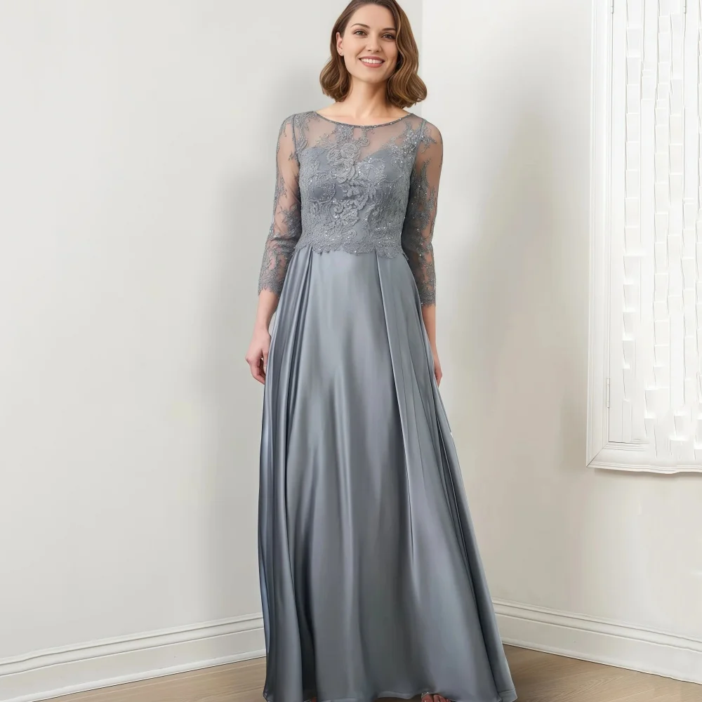 

Vintage Customized Mother Dresses Formal Occasion A Line Elegant Wedding Party Gowns Lace Grey Floor Length Dress