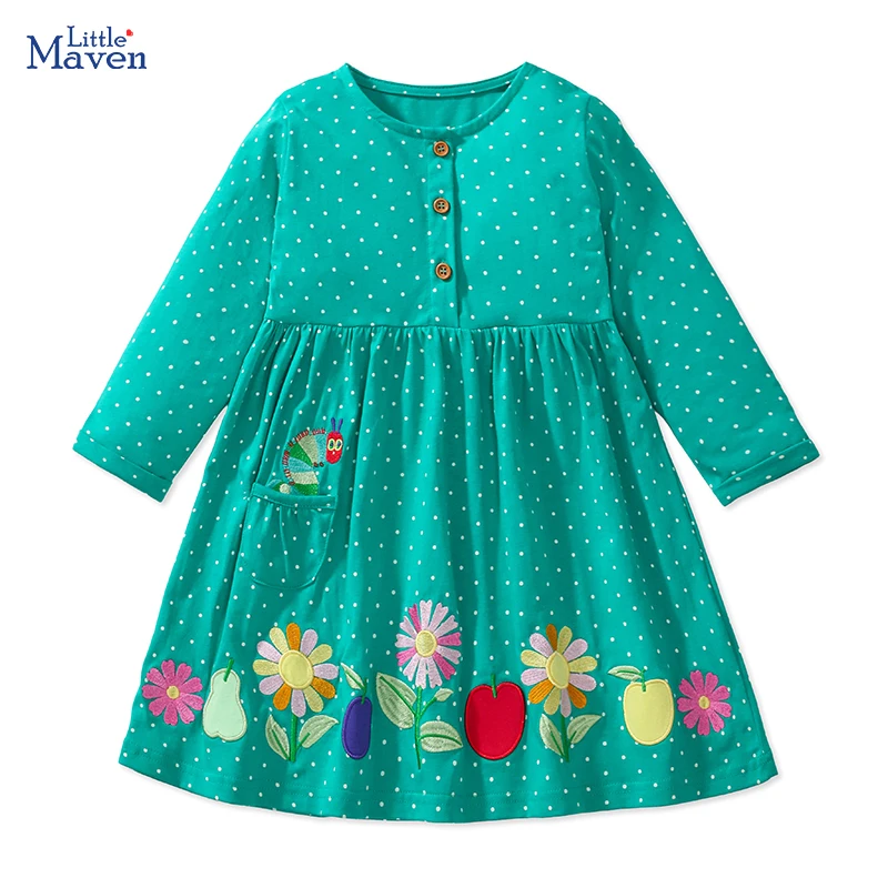 Little maven Pastorale Autumn Cotton Princess Dress for Girls Dot Floral Applique Embroidery Casual Kids Clothes Baby Girl Dress