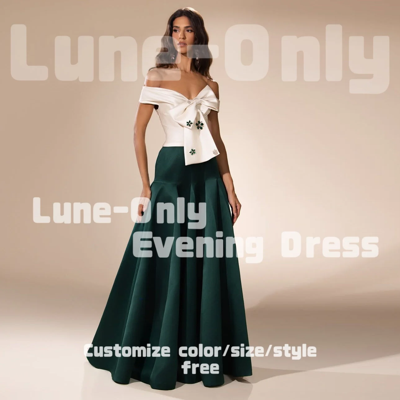 

Customized White Green Color Block Off Shoulder Big Bow Prom Gown A-line Satin Evening Dresses 2026 Gorgeous Party Dress