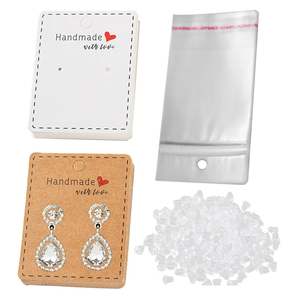 50Pcs Earring Display Cards Holder with 200pcs Backs and 100 Self- Sealing Bags for Jewelry Package Display Selling