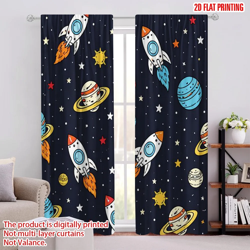 2D flat printing 2pcs Curtain Party Curtains Space Rockets and Planets Digital Printed Polyester Drapes Family Party Perfect for