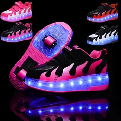 Children Boys Luminous Glowing White Sneakers with Double Two Wheels Roller Skate Shoes Adult Kids USB Charging Shoes Pink Girls