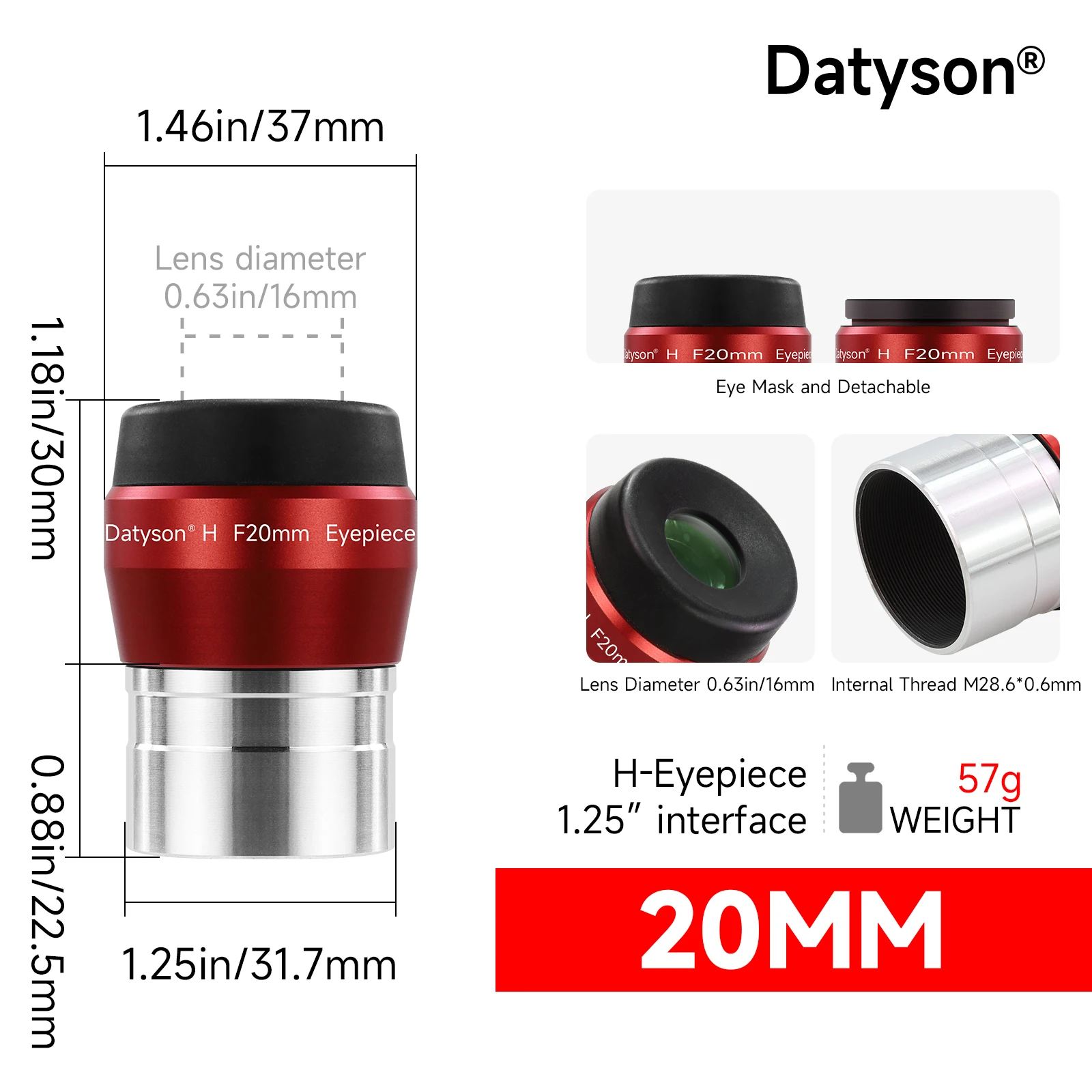 Datyson 1.25' telescoopoculair 4 mm 10 mm 16 mm 20 mm optioneel - FMC gecoate Huygens-oculairs voor planetaire en diepe hemelobservatie