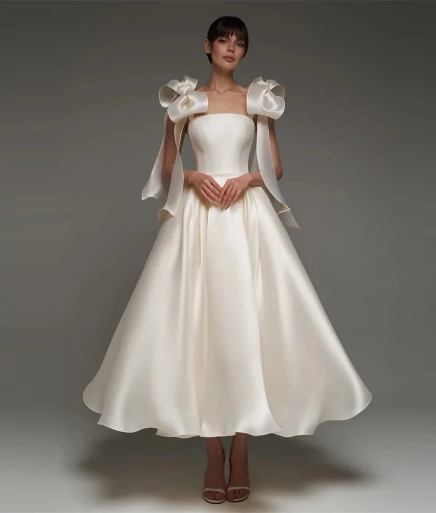 

Customized Temperament Satin A-Line Spaghetti Straps 3D Bow Evening Dress Delicate Strapless Sleeveless Ankle Length Party Gowns