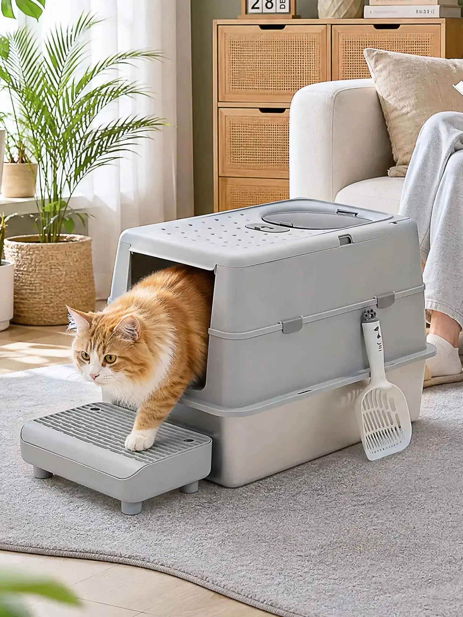 Edelstahl-Katzenklo mit Deckel und Schaufel, XL Extra Großes Geschlossenes Katzenklo mit Streu-Auffangstufe, Nicht Klebende Metallwanne, Vorder- und Oberseitiger Doppelzugang Hochseitiges