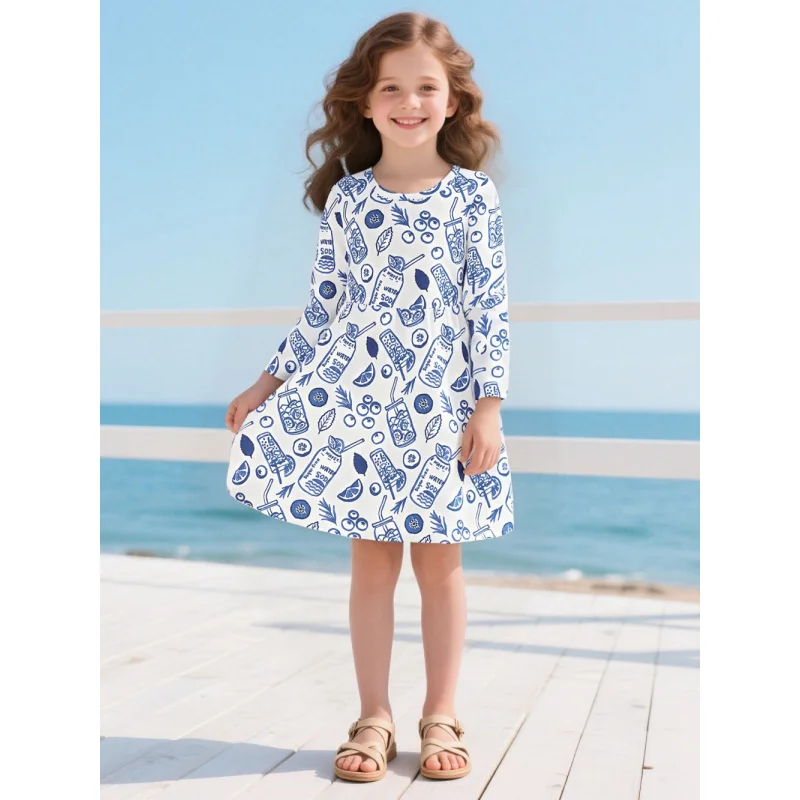 2025 الفتيات الأزرق والأبيض الصودا الفاكهة طباعة فستان بكم طويل الربيع والصيف الطازجة شاطئ البحر نمط الاطفال الركبة طول تنورة