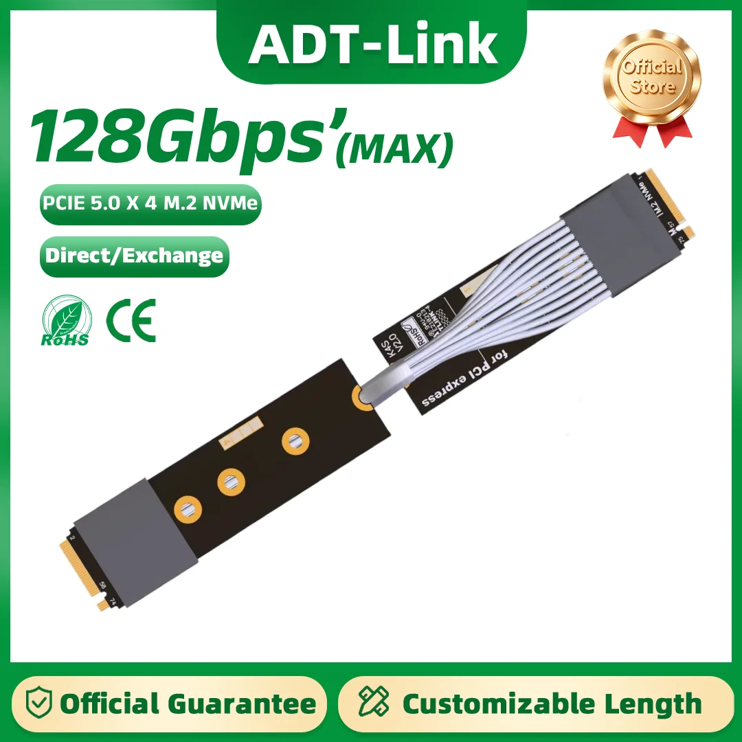 ADT-Link PCIe 5.0  M.2 NVMe x4 Direct/Exchange Connect Adapter High-Temperature Resistant Extension Cable Gen5 Male-to-Male
