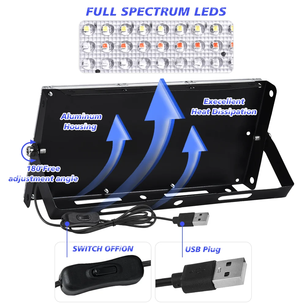96 LED Pianta Coltiva La Luce Phyto Lampade Led Spettro Completo Proiettore in Coltivazione per Crescita Idroponica in Serra Alimentato tramite USB