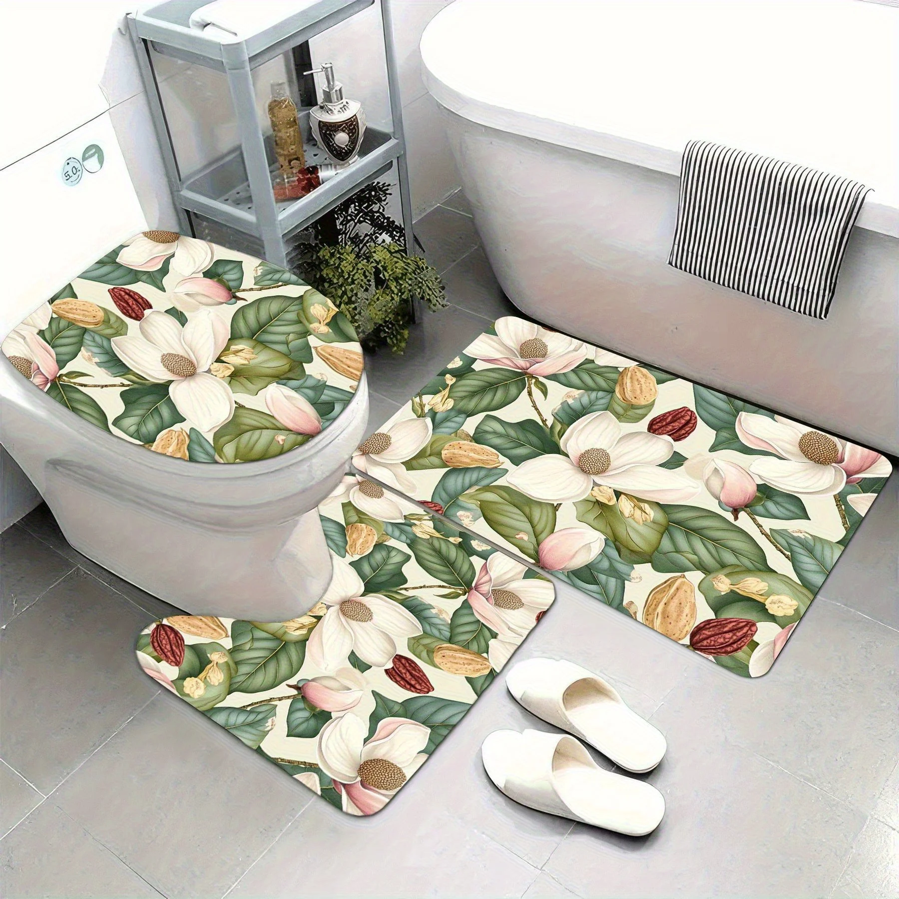 

3pcs Super Soft Bathroom Floor Mats Set, Absorbent, with Non-slip Backing, Magnolias Print Suitable for Bathroom, Toilet, Bedroo