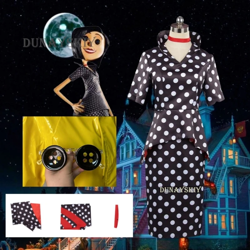 Horror Märchen Filme Coraline Mutter Cosplay Kostüm Perücke Polka Kleid geheime Knopf Augen Halloween Party beängstigend Rollenspiel Anzug