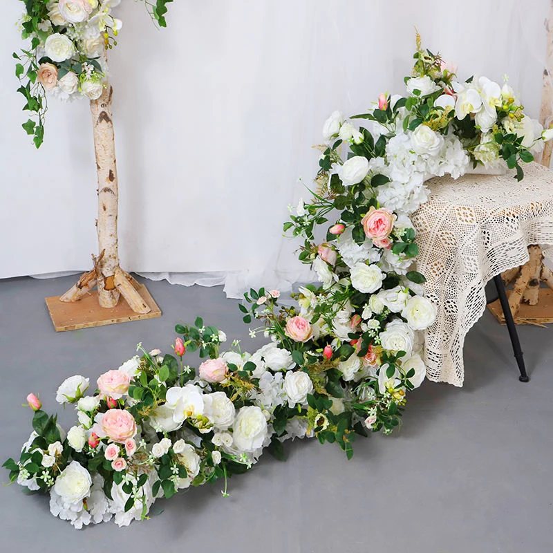 النباتات الخضراء ورقة زهرة الورد الأبيض صف الزفاف خلفية ديكور الطابق زهرة عداء الحدث الجدول الأزهار قطاع ترتيب الدعائم #3