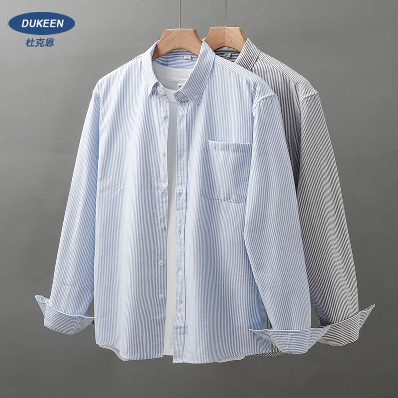 DUKEEN New Men\'s Casual topy koszula w paski luźny Top bawełniany sweter wiosenne i jesienne długie koszule z rękawami