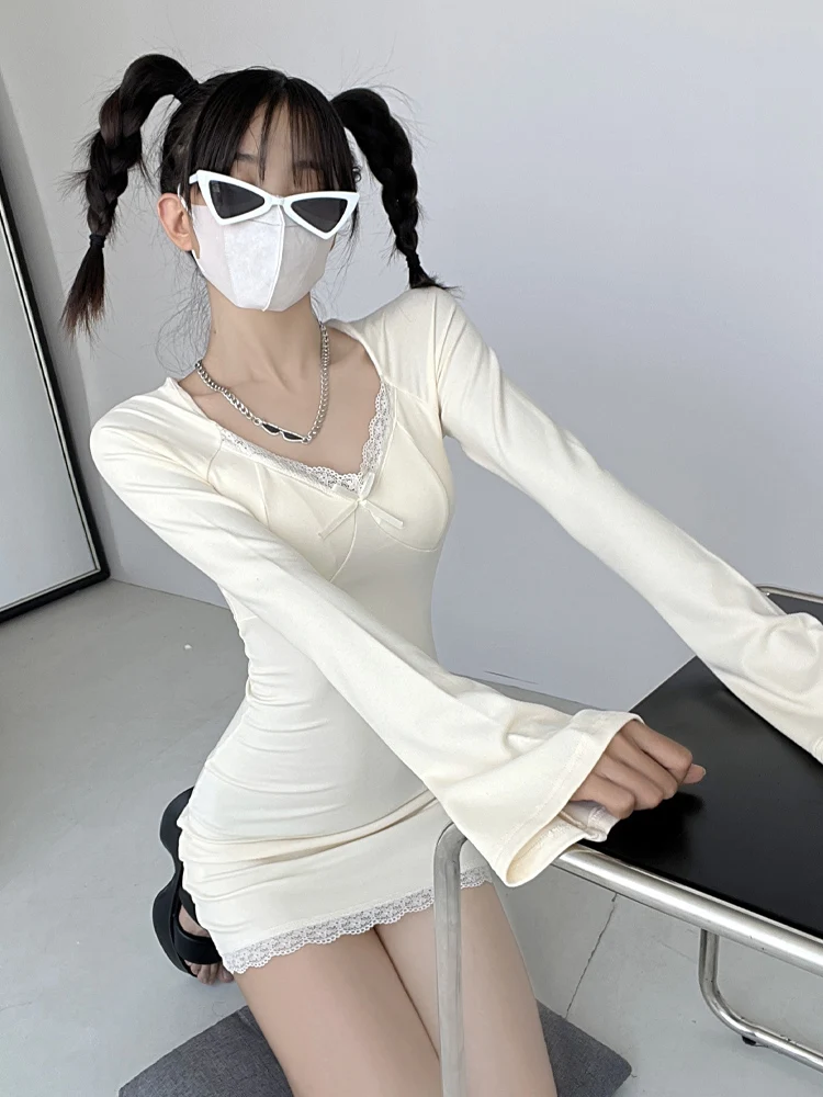 

Sexy Long Sve Bodycon Dr with Bell Bot Pure Desire Milk Apricot Lace Trim ort Skirt with Chest Pad Wrap around