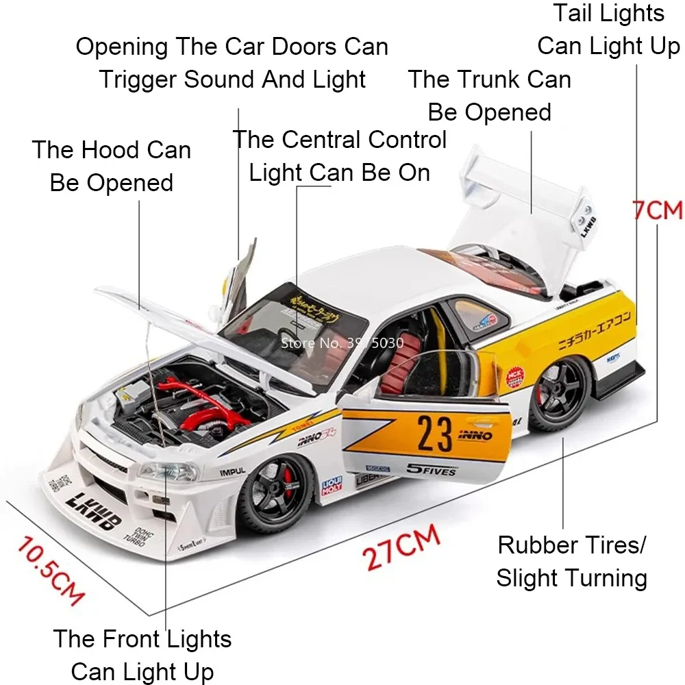1:18 GTR 스카이라인 스포츠카 합금 장난감 다이캐스트 모델 라이트 음악 미니어처 자동차 슬라이드 전진 차량 남자아이 완벽한 선물
