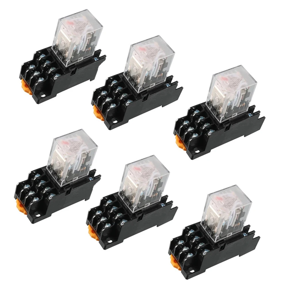 6pcs AC 110V/120V Coil 4PDT Power Relay with Sockets 35mm DIN Rail Mount Electromagnetic 14 Terminal Pins for Projects
