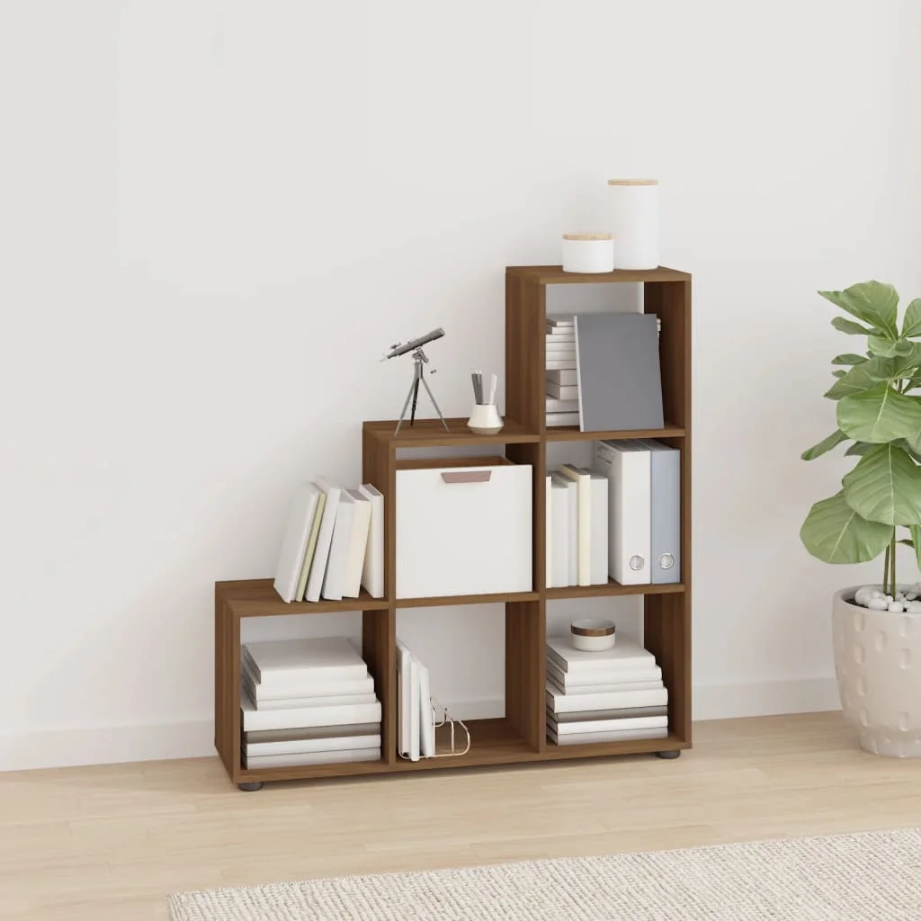 Treppenregal, braune Eiche, 107 cm, aus Holzwerkstoff. Freistehendes Bücherregal mit offenen Ablageflächen für Wohnzimmer, Arbeitszimmer, Büro