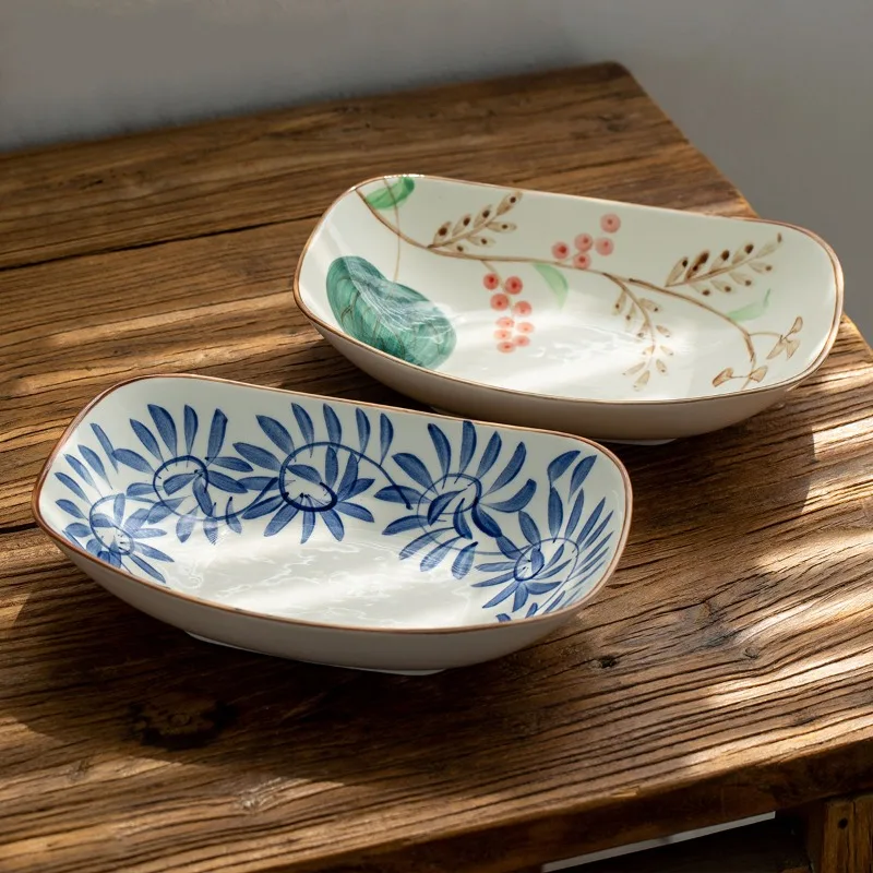 Japanese-Style Mino-yaki Red-Painted Scroll Square Deep Plate, Stew Platter, Underglaze Steamed Fish Dish