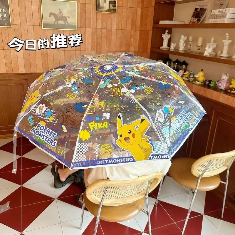 Pokemon Pikachu Umbrella Cartoon Anime Cute Transparent Triple Folding Automatic Umbrella Child Kawaii Home Goods Holiday Gifts