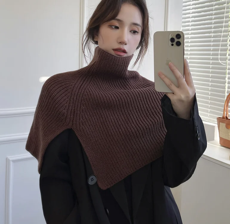 Poncho tricoté pour femmes, écharpe de cape, vêtements d'extérieur, pull-over col, couleur unie, manches de cou, tricoté, petit châle, printemps automne B1