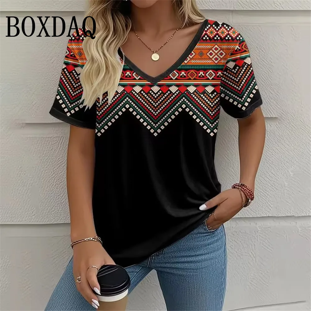 

Ethnic Women's V-Neck T-Shirt Summer Fashion Casual Short Sleeve Tops Retro Harajuku Street Style Plus Size Women's Clothing 8XL