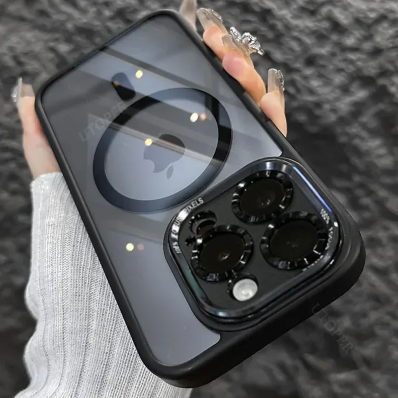 

Magnetic Luxury Metal Lens Bumper Protect Case For iPhone 15 14 Plus 15 13 12 11 Pro Max Wireless Charge Hard Back Clear Cover