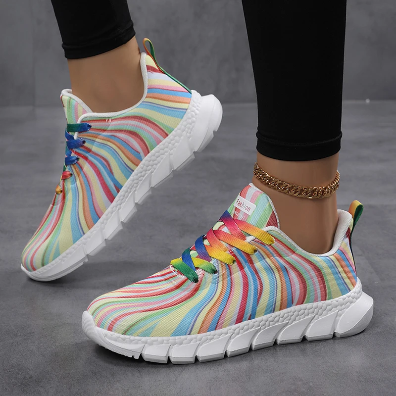 Kadın Gökkuşağı Çizgili Sneake - Knit Fabric Lace Up Sneakers incelemesi ve fiyatı