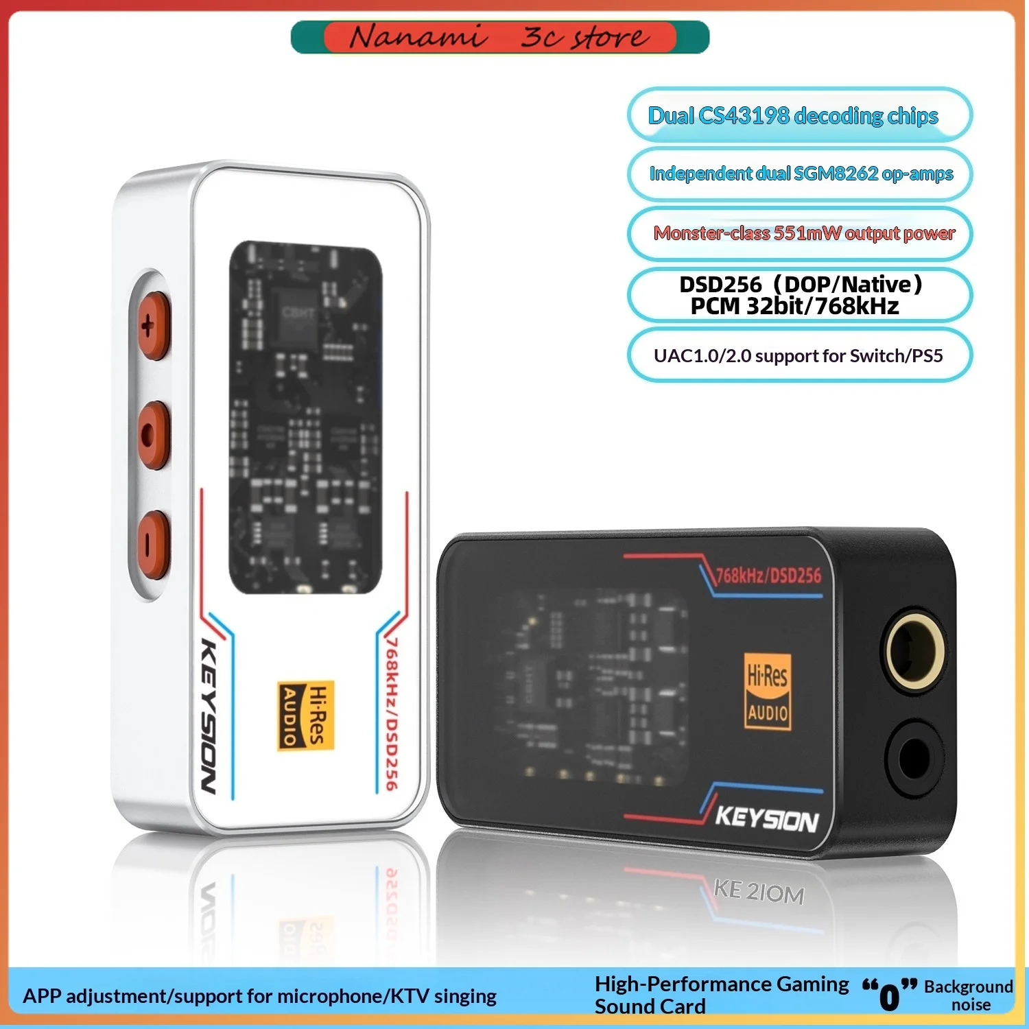 

KEYSION Dongle Type C USB ЦАП AMP Аудио HiFi декодер Усилитель для наушников 2 * CS43198 2 * SGM8262 Чип 768 кГц DSD256 Выход 3,5/4,4 мм