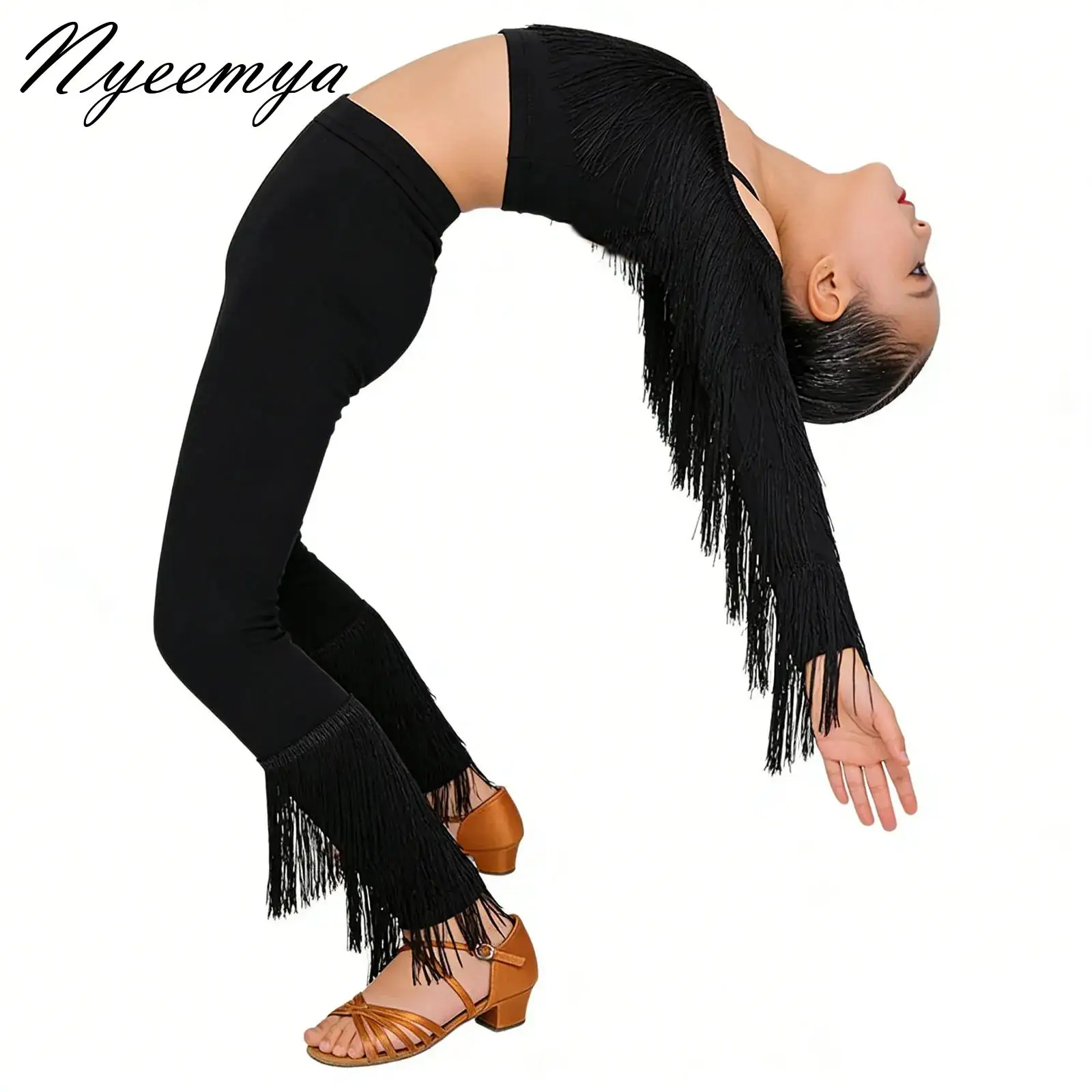 

Kids Girls Salsa Latin Dance Outfit Set Tassels Adjustable Straps Crop Top with Pants Rumba Salsa Dance Show Performance Clothes