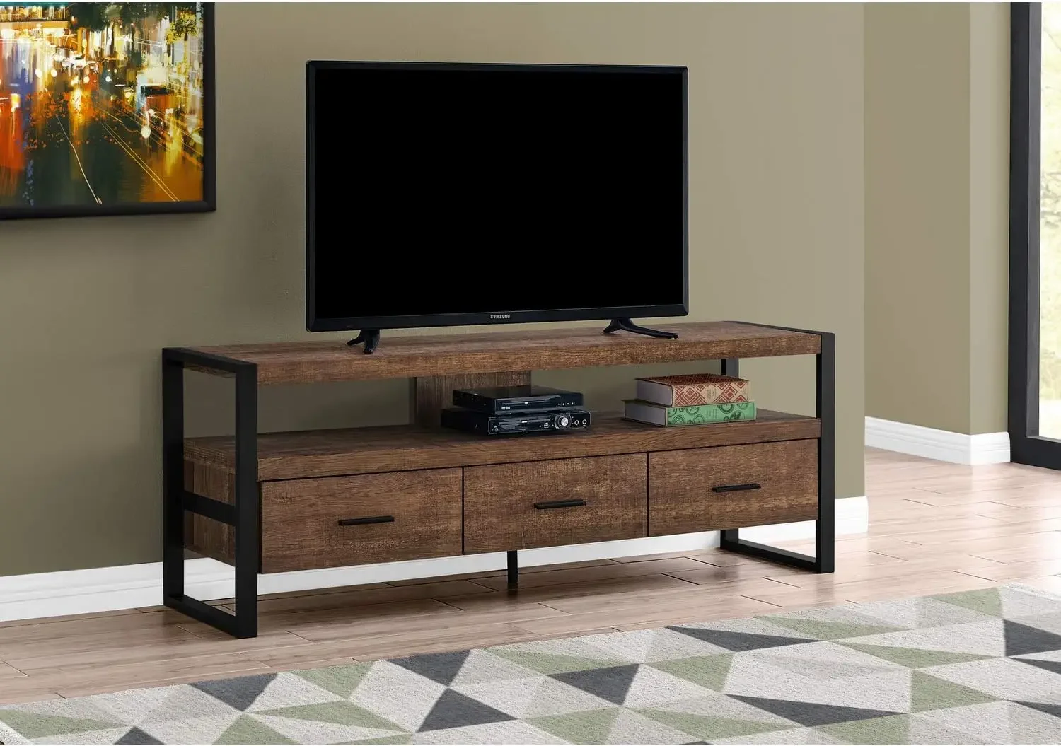 

TV Stand-Console with 3 Drawers and Shelves-Industrial Modern Style Entertainment Center with Metal Legs, 60" L