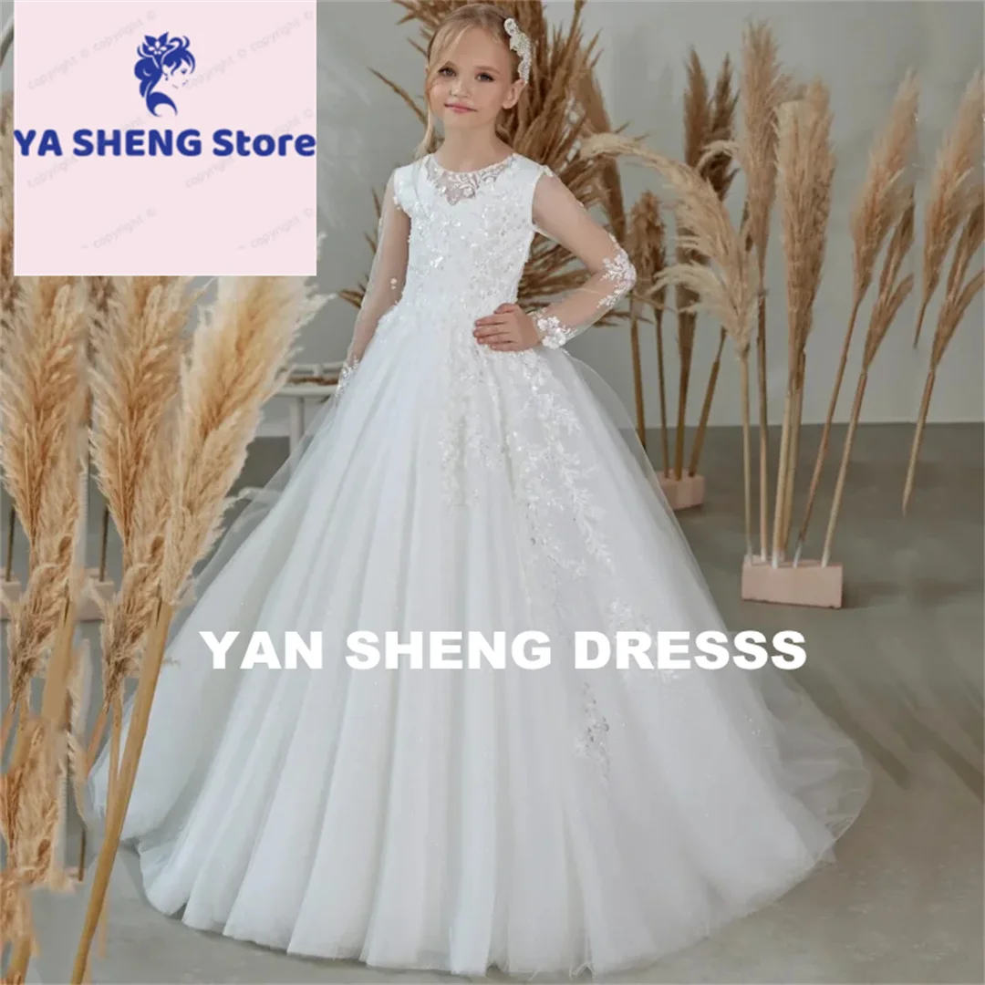 Customized White Tulle Flower Girl Dress with Embroidery Appliques Long Sleeve for Wedding Birthday Party Banquet