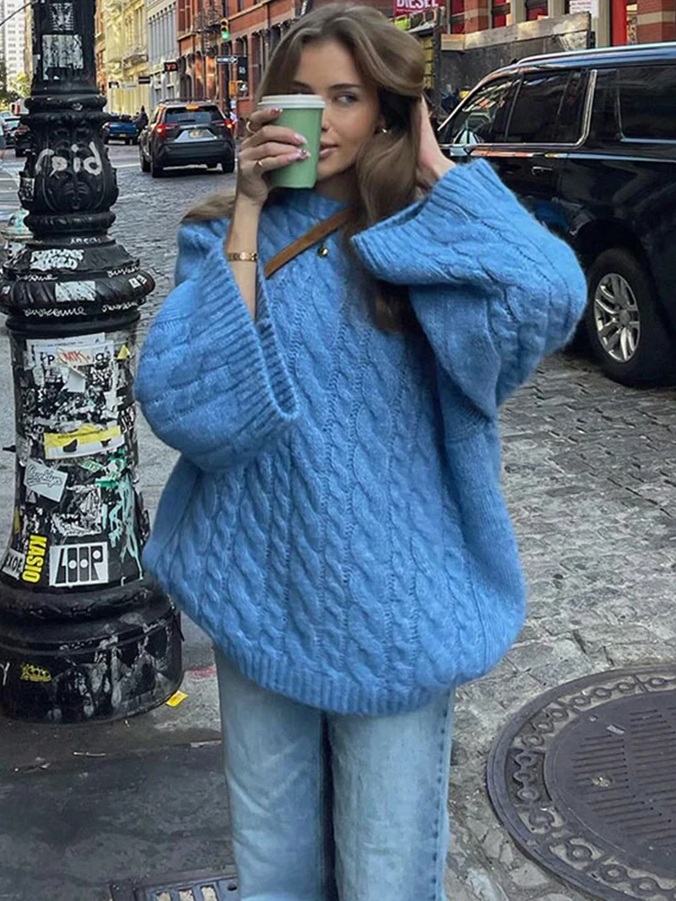 Maglione lavorato a maglia da donna intrecciato blu di nuova moda casual caldo O collo manica a sbuffo pullover allentato autunno inverno abbigliamento donna top