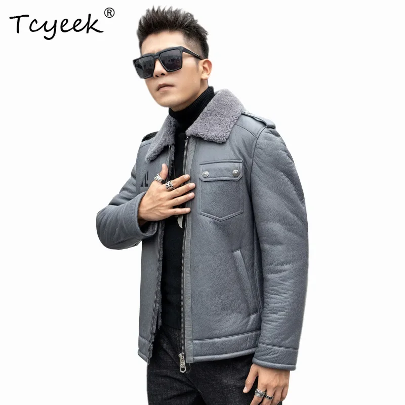 Tcyeek หนังแกะจริงขนสัตว์ CoatsMotocycle แจ็คเก็ตของแท้หนังแจ็คเก็ตขนสัตว์ธรรมชาติผู้ชายฤดูหนาวเสื้อผ้าМуж