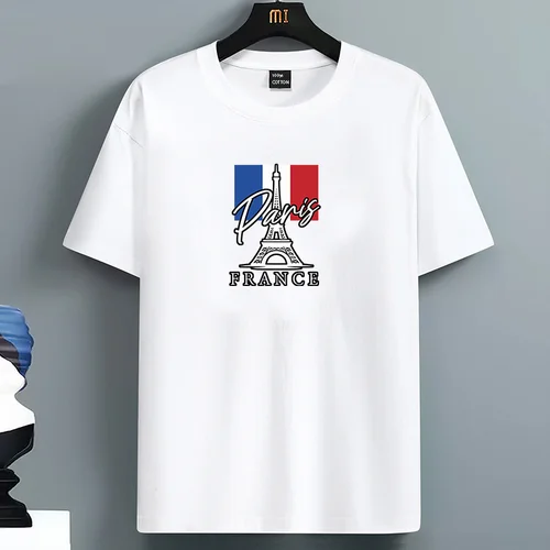 Camiseta holgada informal de talla grande para hombre, 100 algodón, a la moda, con estampado de Francia París, Top de manga corta con cuello redondo, verano