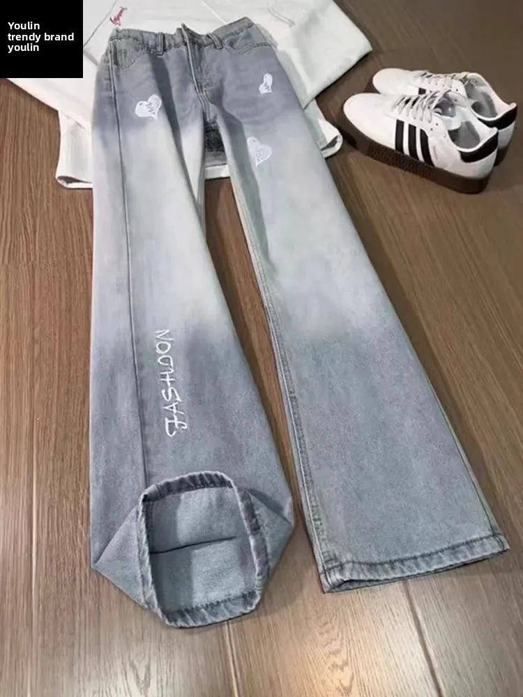 

High Waist Fce Lined adient Slim Fit Straight Leg Micro Flared Jeans Men's Embroidered Letter Heart Design Casual Trousers