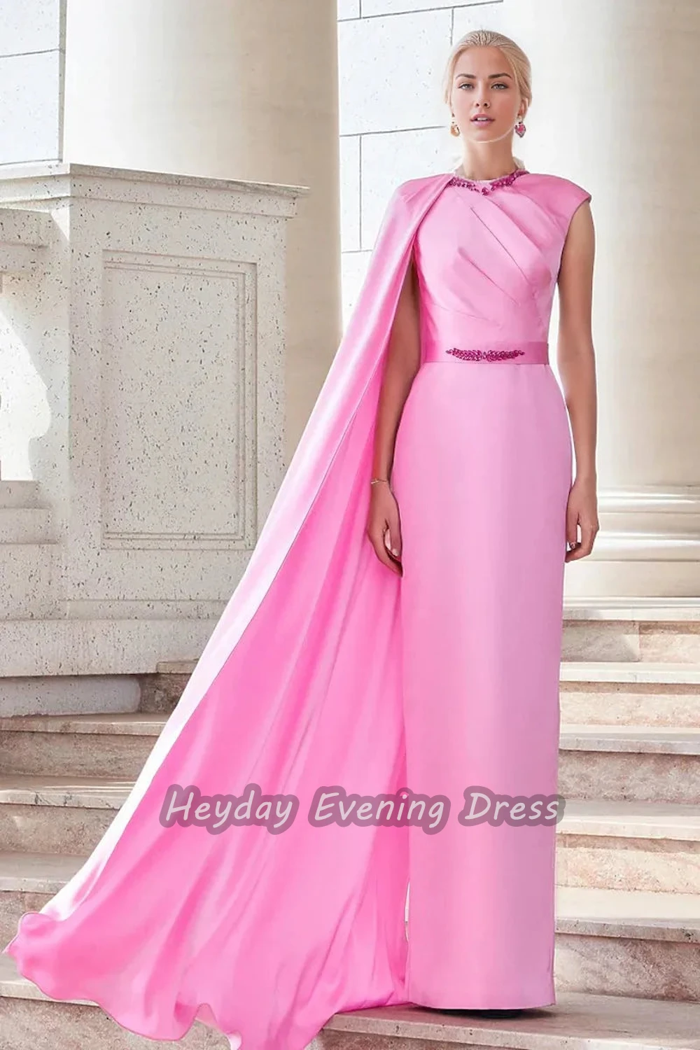 Heyday السعودية Kralen O-hals Crêpe Rechte Korte Mouwen Mode Vloer Lengte Elegante Prom Jurk Voor Luxueuze Vrouw 2024