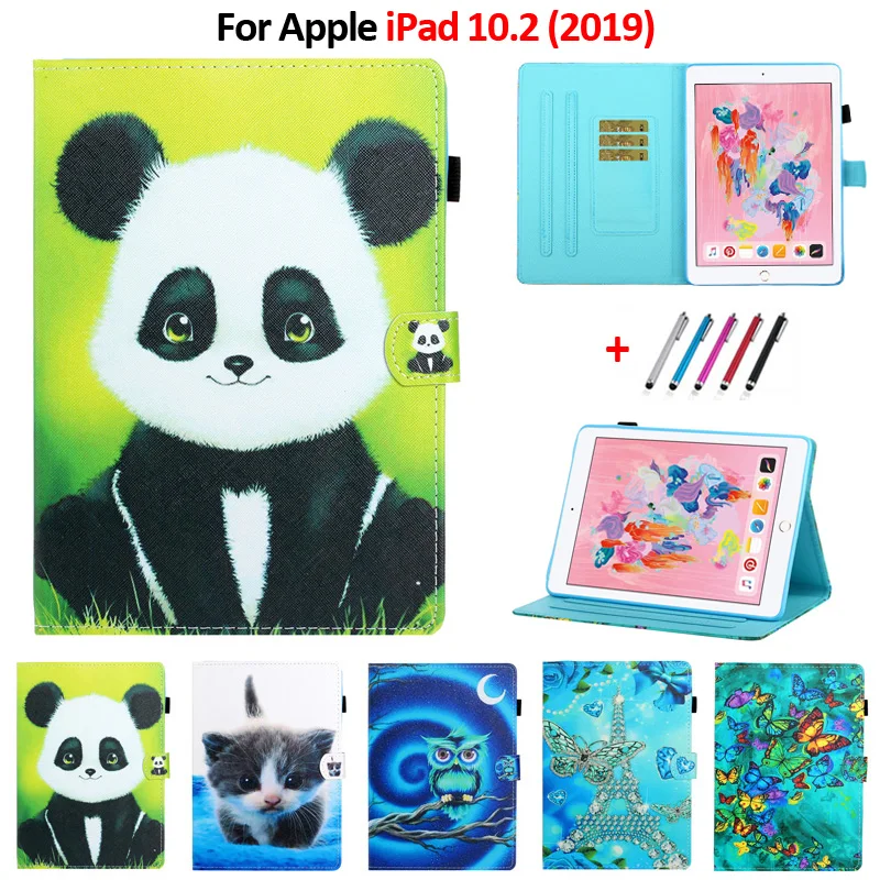 For iPad 7th Generation Case Cute Panda Owl Cat Painted Leather Wallet Stand Tablet Coque For iPad 10.2 Case 2019 Funda + Pen