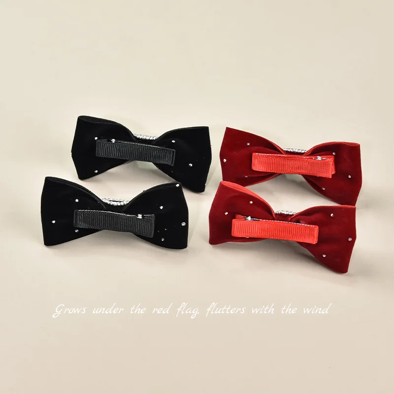 벨루어 별 모양 리본 헤어 클립 2개, 우아한 리본 타이 헤어 액세서리, 축제 신년 의상 세트, 화이트 악센트가 있는 레드 벨벳