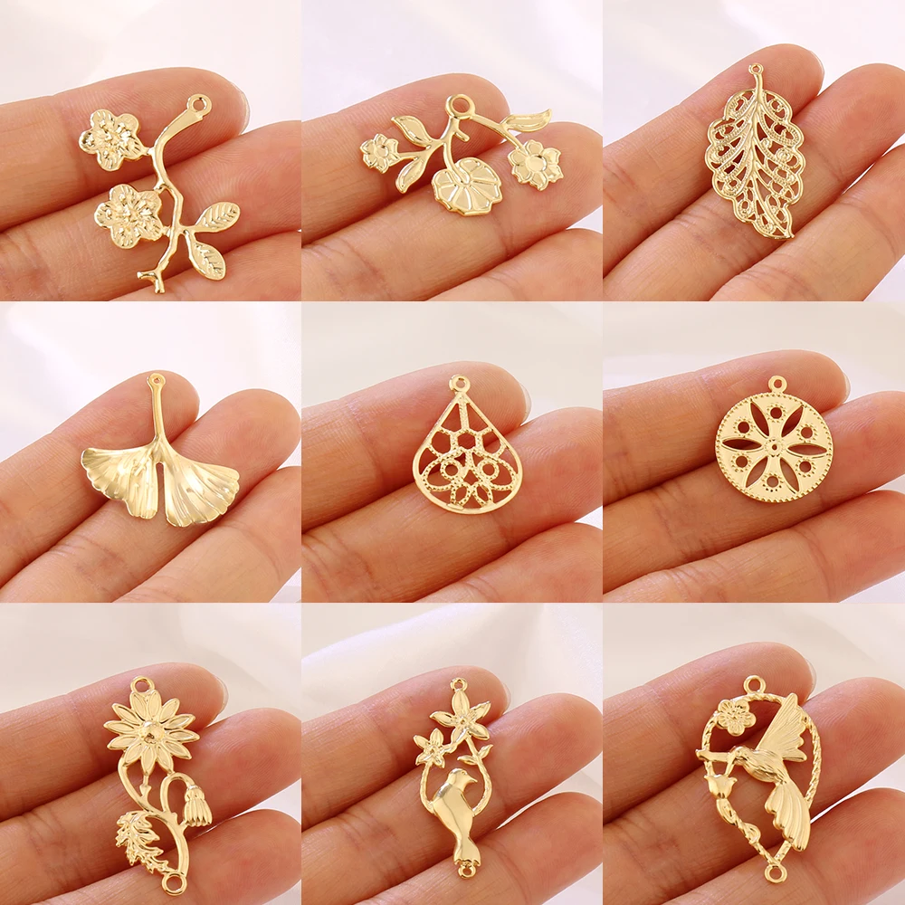 10Pcs Boho Stainless Steel Flowers Leaf Texture Flake Charms Water Drop Pendant DIY Jewelry Making Connector Necklace Findings