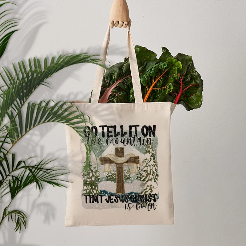Christmas Snowy Cross Graphic Canvas Tote Bag Winter Forest Print Reusable Lightweight Daily Shopping Shoulder Tote Bag