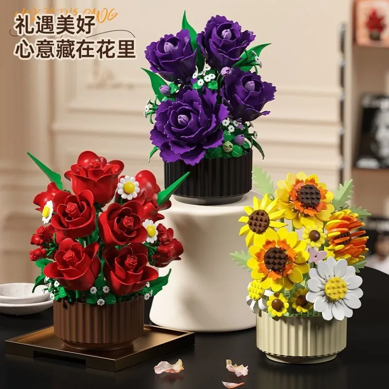 Rose & Sunflower Bouquet Building Blocks, Eternal Flower Series Micro Bricks, DIY Assembly Educational Toy Ornament