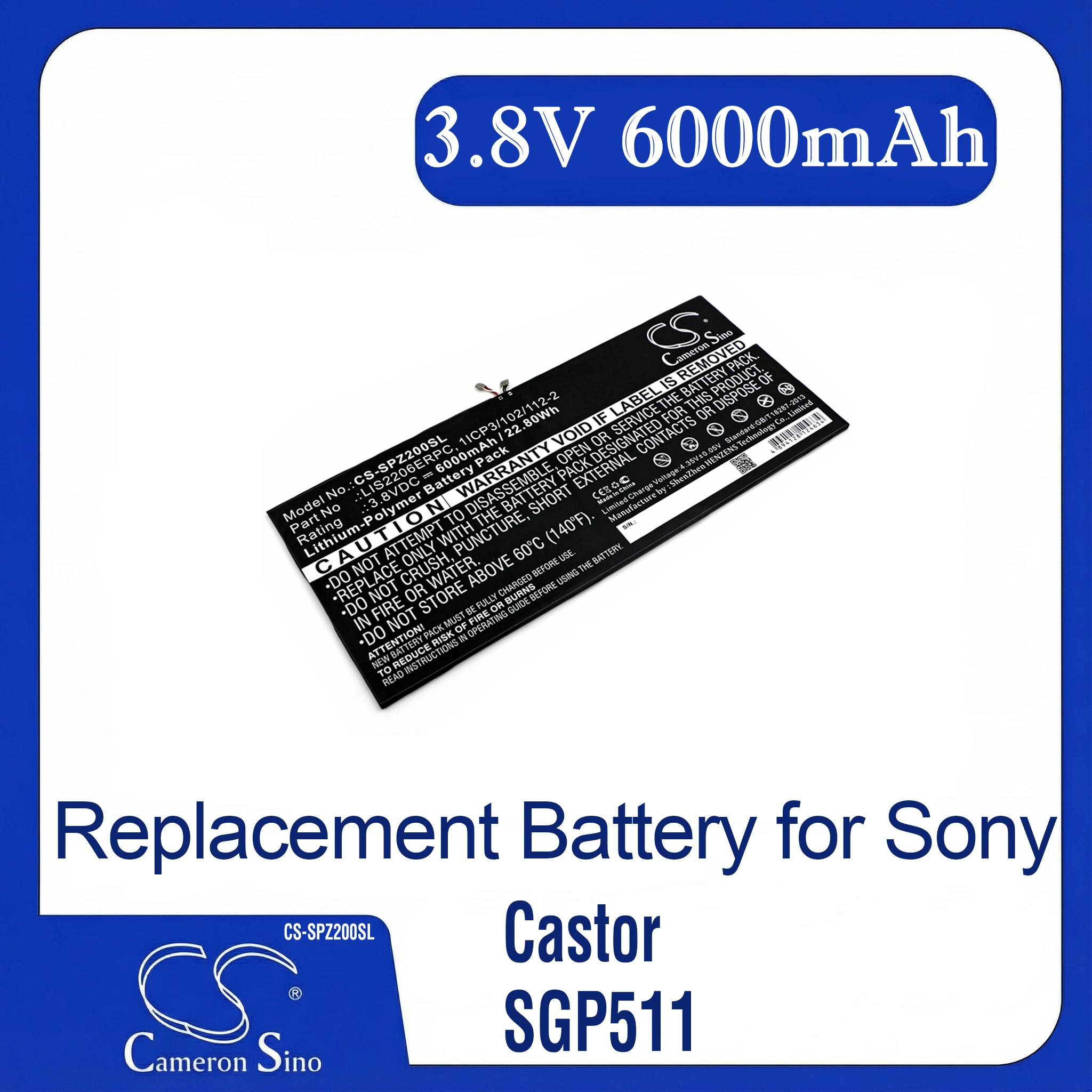 Batería de repuesto Cameron Sino para Sony Xperia Tablet Z2, Xperia Tablet Z2 TD-LTE, SOT21, Cast PN:LIS2206ERPC 6000mAh / 22.8Wh