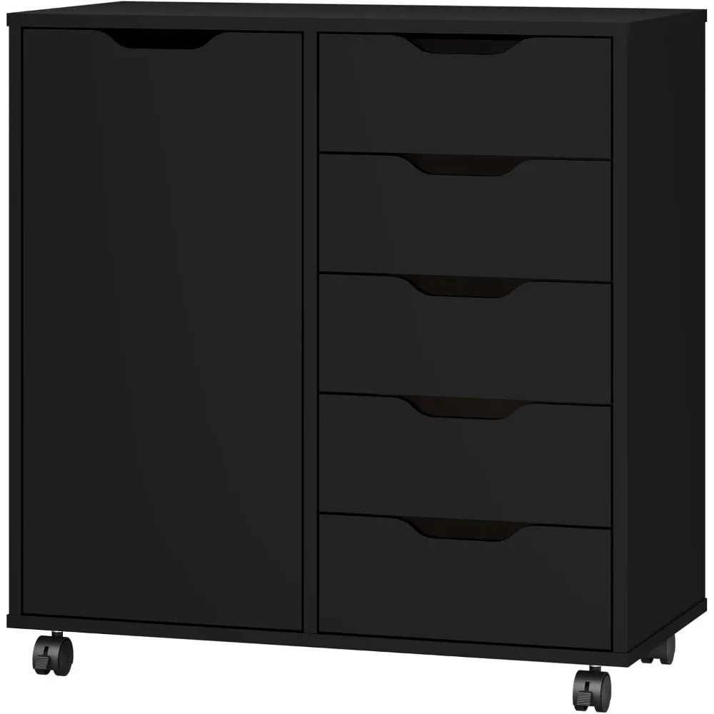 

5-Drawer Chest with 1 Door, Wooden Chest of Drawers Storage Dresser Cabinet with Wheels, Office Organization and Storage