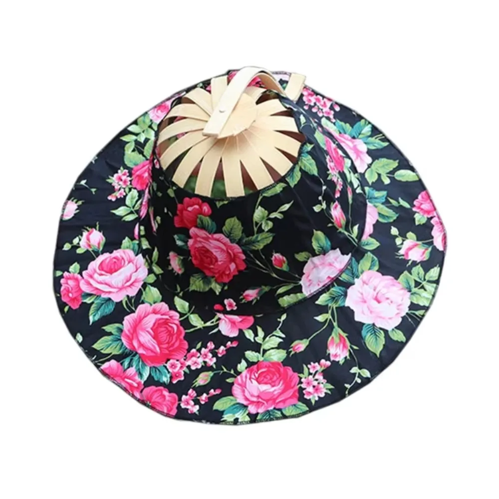 

Wide Brim Folding Fan Hat Floral Printed UV Protection Fan Sun Hats Chinese Style Foldable Bamboo Sunscreen Cap for Travel
