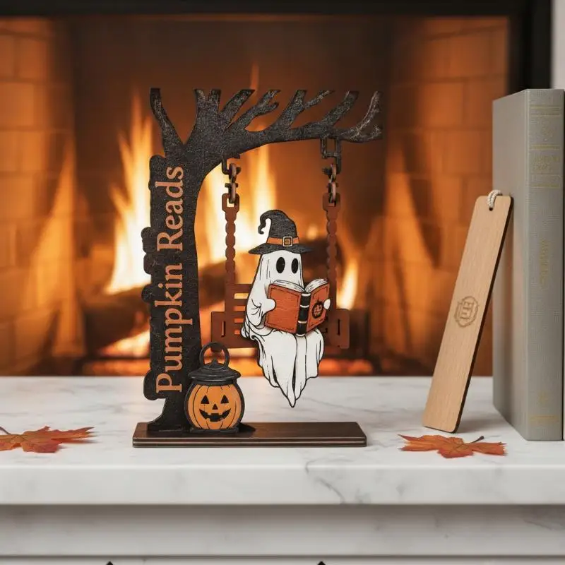 Ghost Swing Figurine Wooden Tree Halloween Decor Pumpkin Witch Hat Spooky Tabletop Party Decor Gift